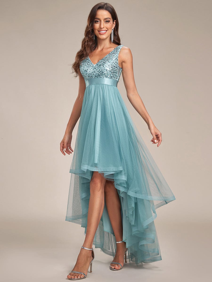 Sleeveless Sequin Ribbon Waist Tulle High Low Evening Dress #color_Dusty Blue