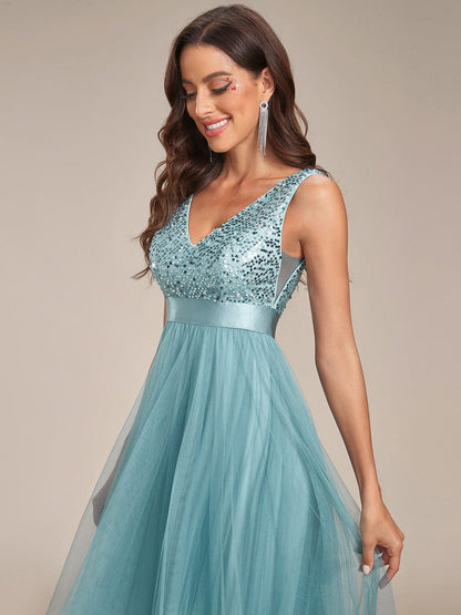 Sleeveless Sequin Ribbon Waist Tulle High Low Evening Dress #color_Dusty Blue