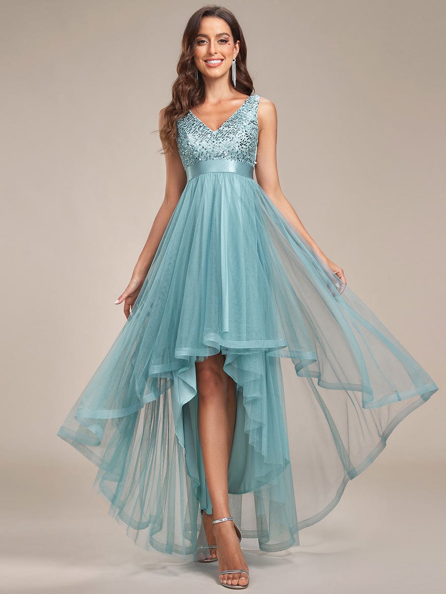 Sleeveless Sequin Ribbon Waist Tulle High Low Evening Dress #color_Dusty Blue