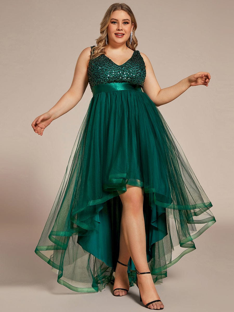 Custom Size Sequin Sleeveless Ribbon Waist Tulle High Low Evening Dress #color_Dark Green