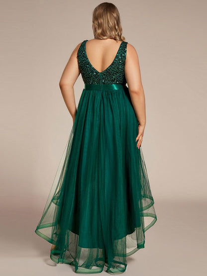 Custom Size Sequin Sleeveless Ribbon Waist Tulle High Low Evening Dress #color_Dark Green