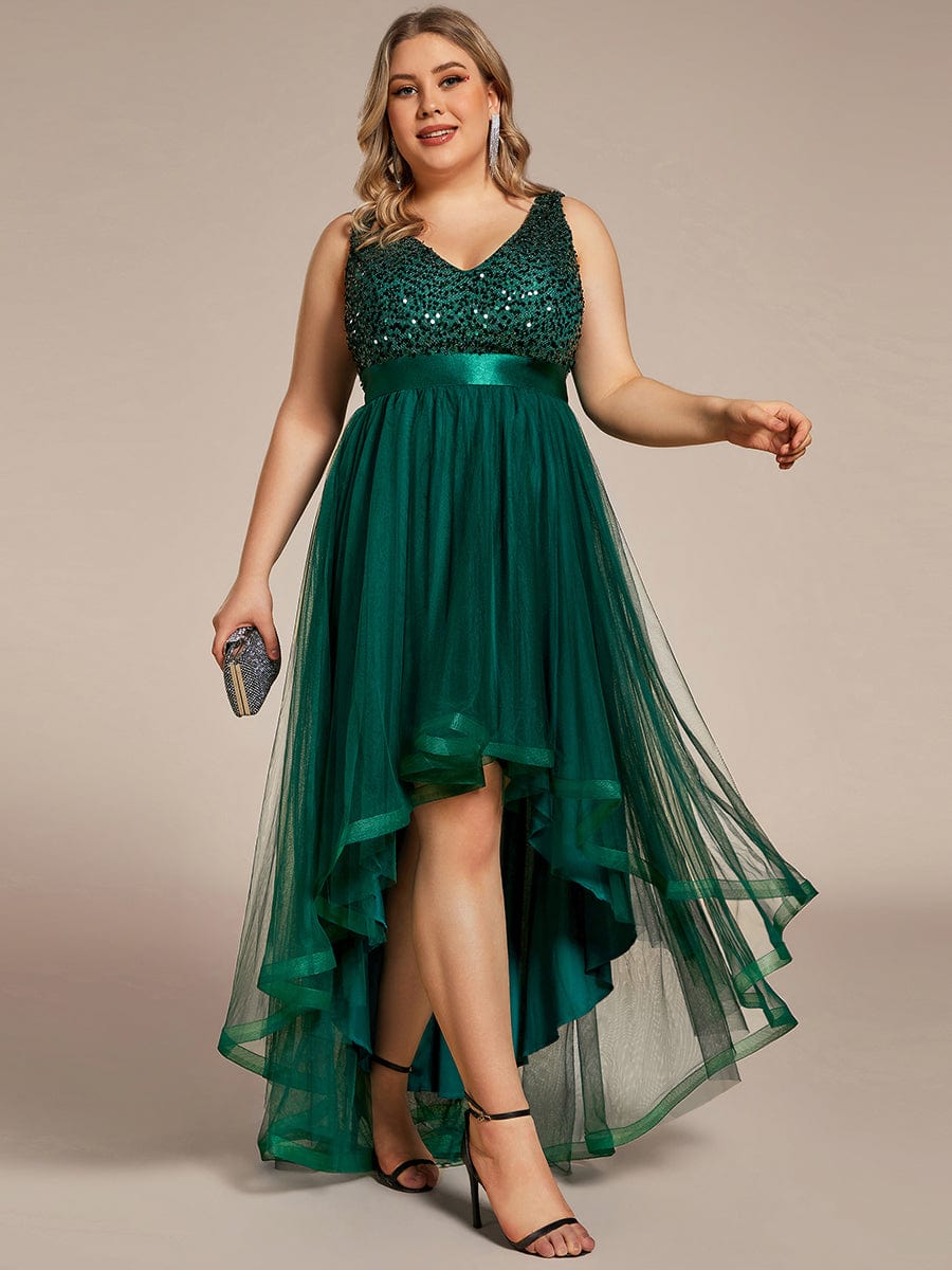 Custom Size Sequin Sleeveless Ribbon Waist Tulle High Low Evening Dress #color_Dark Green