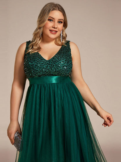 Sequin Bodice Tulle High-Low Evening Dress with Ribbon Waist #color_Dark Green