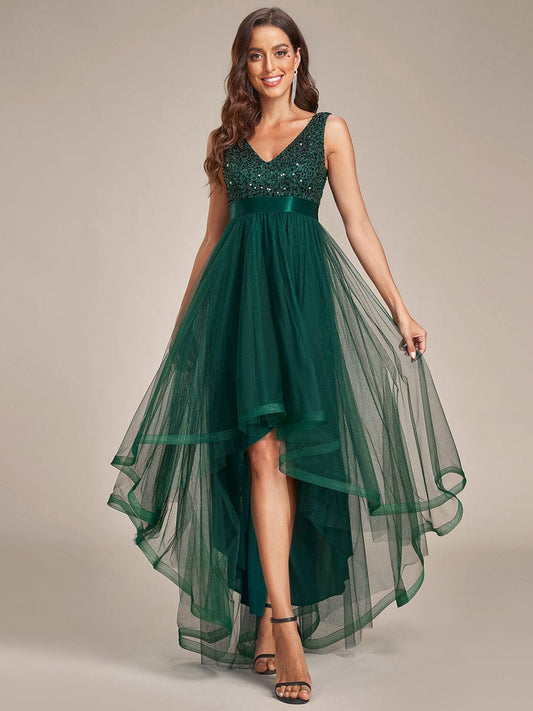 Sequin Bodice Tulle High-Low Evening Dress with Ribbon Waist #color_Dark Green