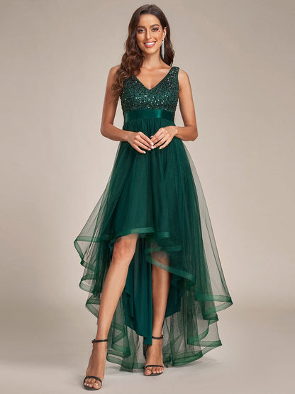 Sequin Bodice Tulle High-Low Evening Dress with Ribbon Waist #color_Dark Green