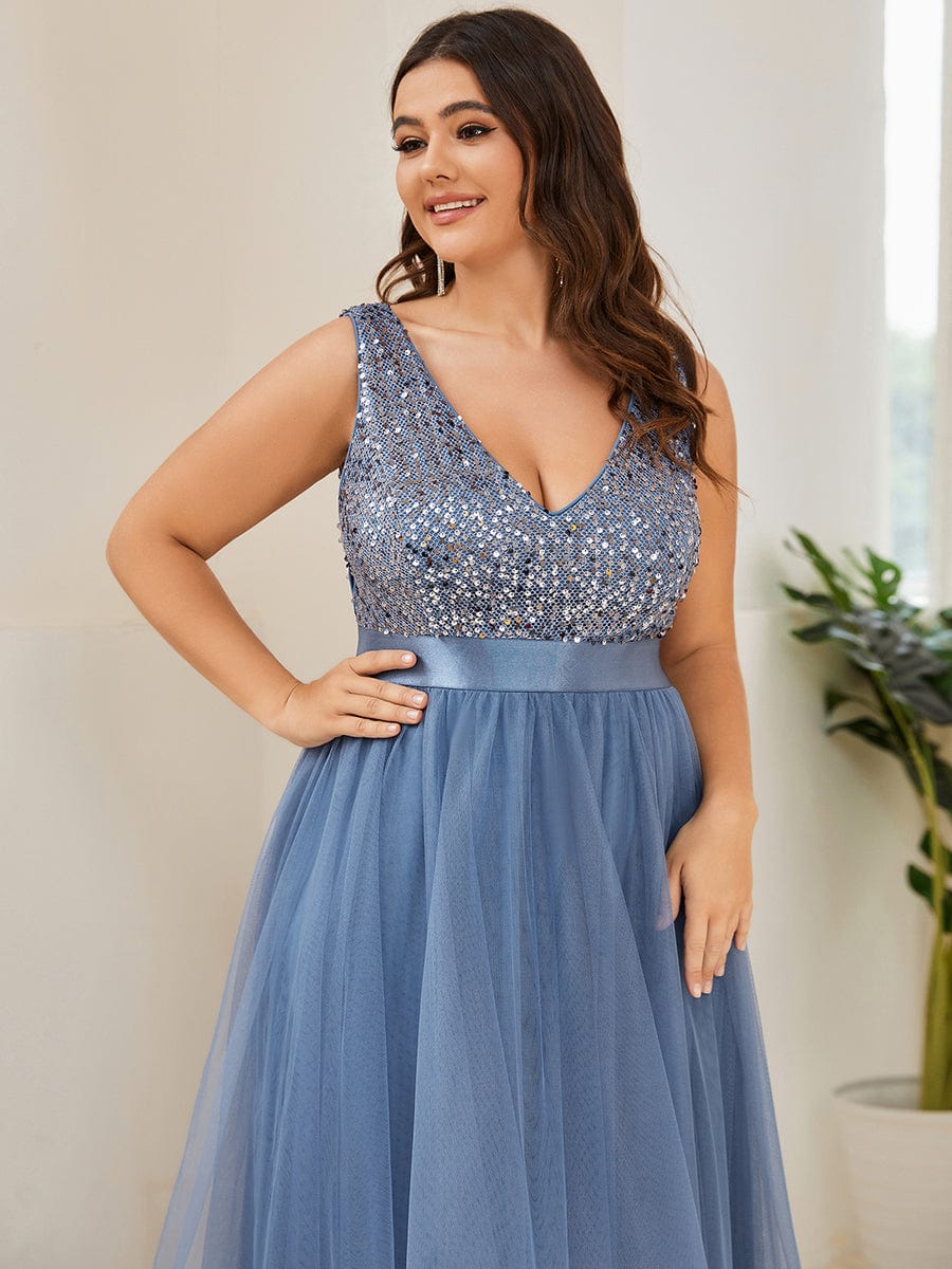 Plus Size Sleeveless Sequin Ribbon Waist Tulle High Low Evening Dress #color_Dusty Navy