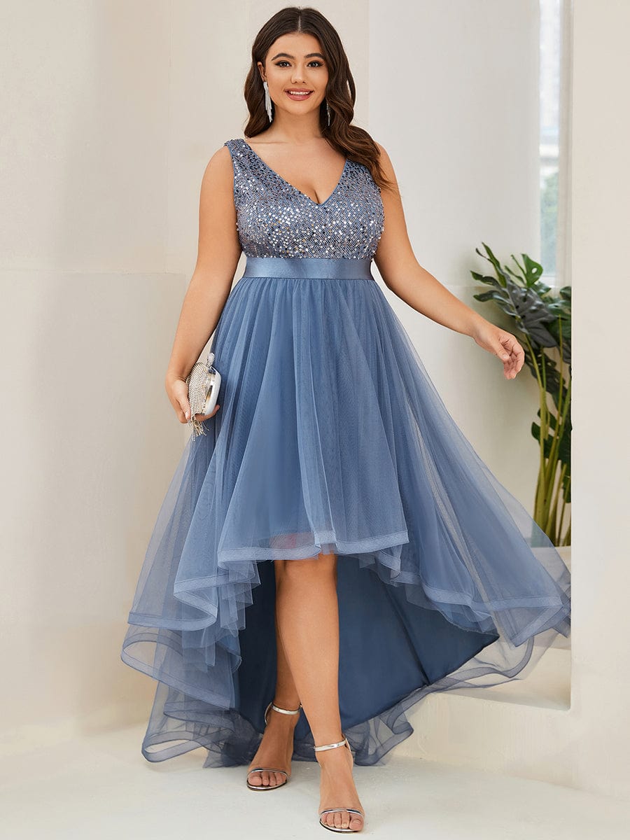 Plus Size Sleeveless Sequin Ribbon Waist Tulle High Low Evening Dress #color_Dusty Navy