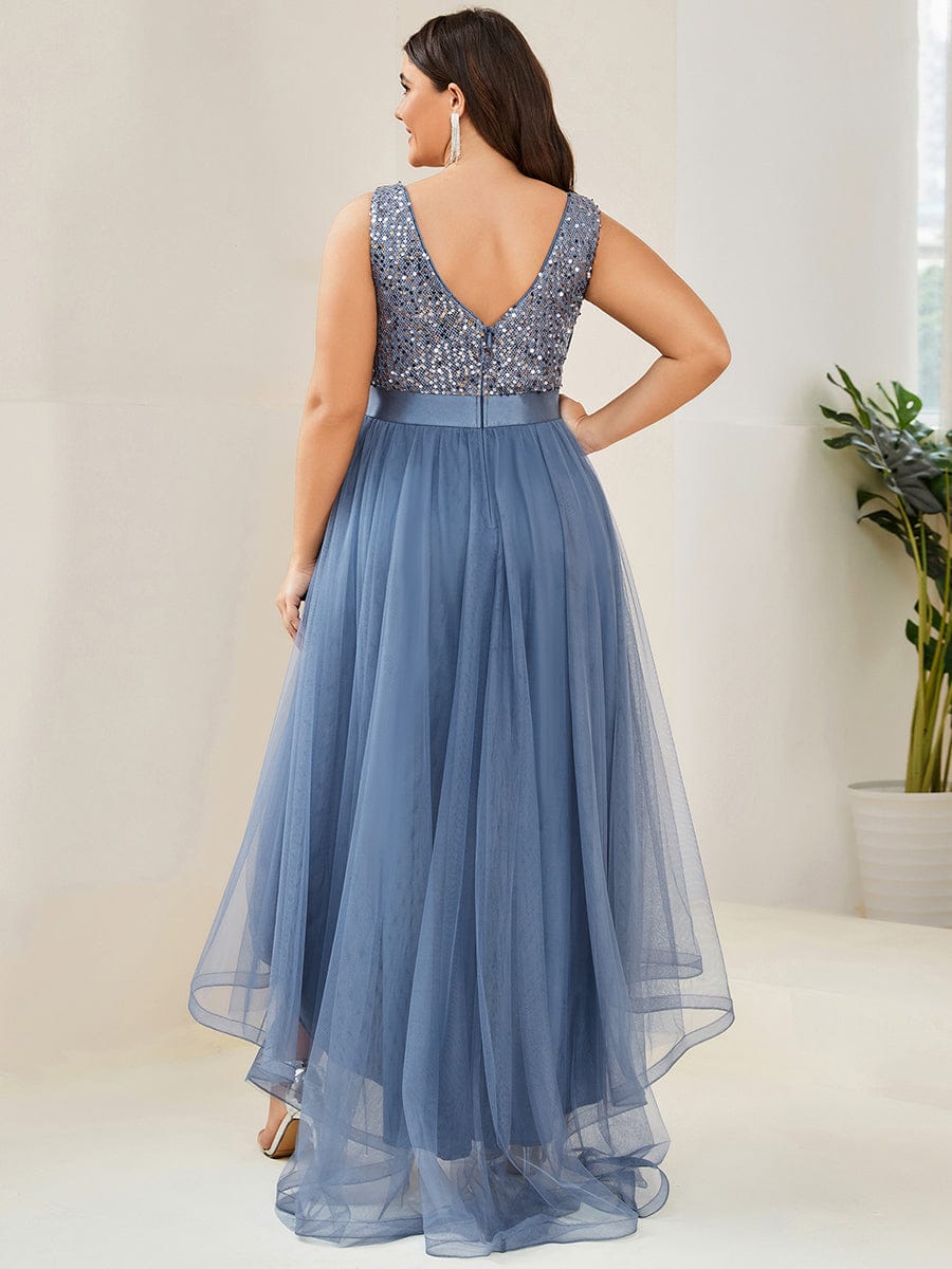 Plus Size Sleeveless Sequin Ribbon Waist Tulle High Low Evening Dress #color_Dusty Navy