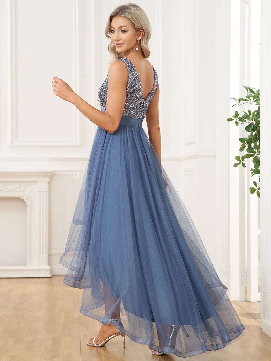 Sleeveless Sequin Ribbon Waist Tulle High Low Evening Dress #color_Dusty Navy