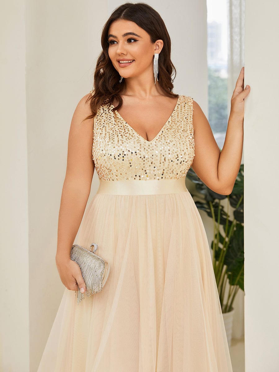 Plus Size Sleeveless Sequin Ribbon Waist Tulle High Low Evening Dress #color_Gold