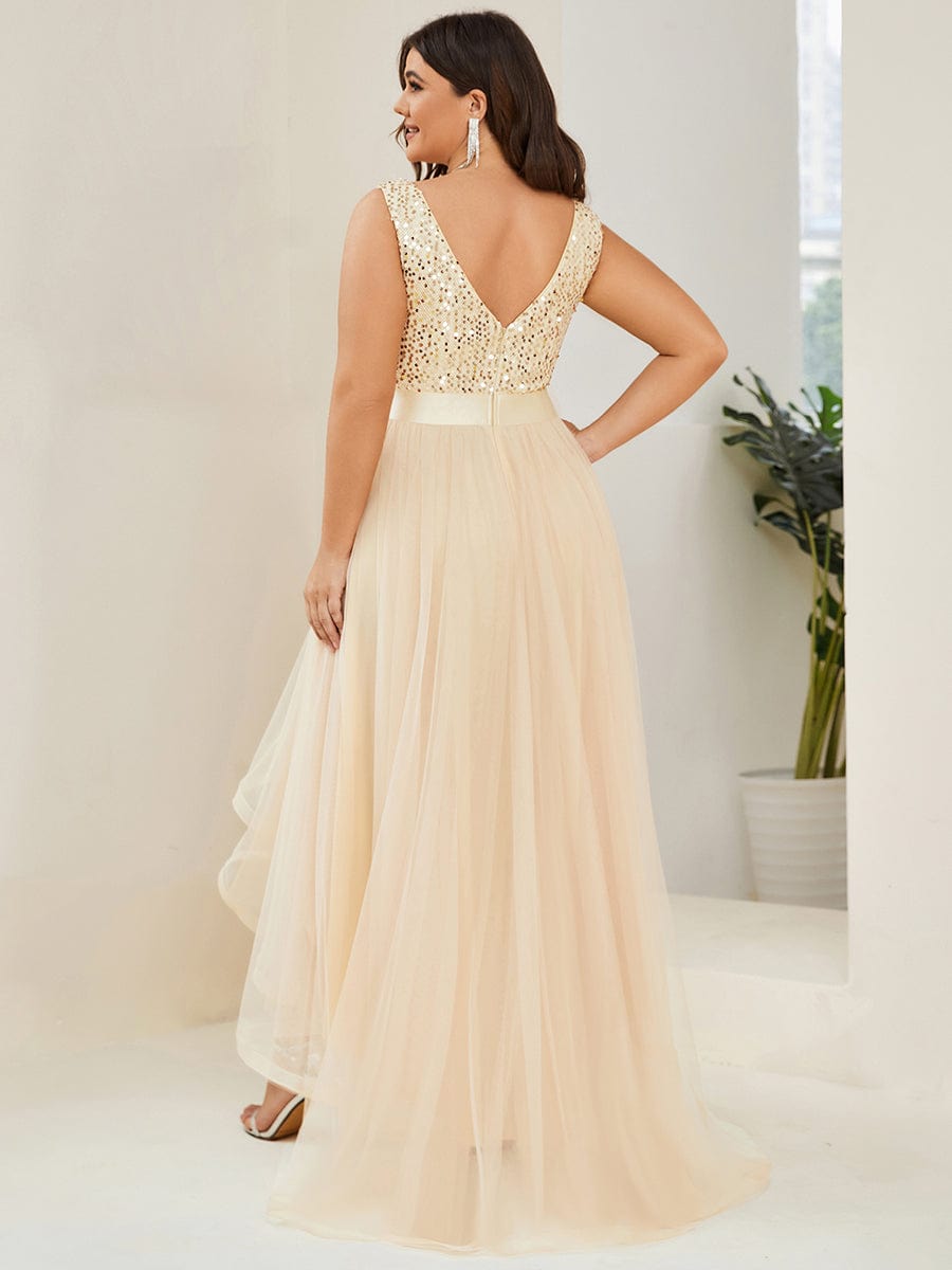 Plus Size Sleeveless Sequin Ribbon Waist Tulle High Low Evening Dress #color_Gold