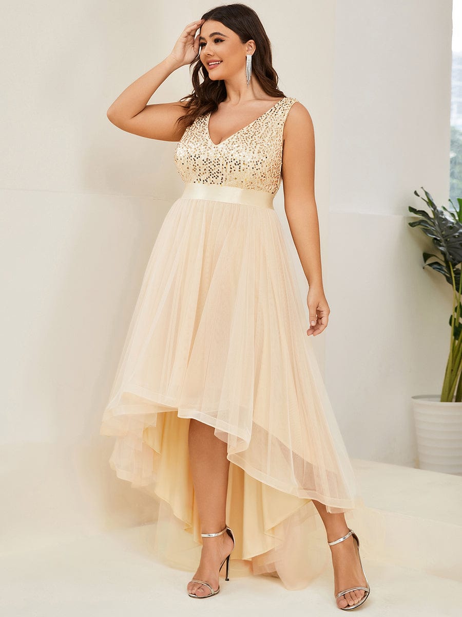 Plus Size Sleeveless Sequin Ribbon Waist Tulle High Low Evening Dress #color_Gold