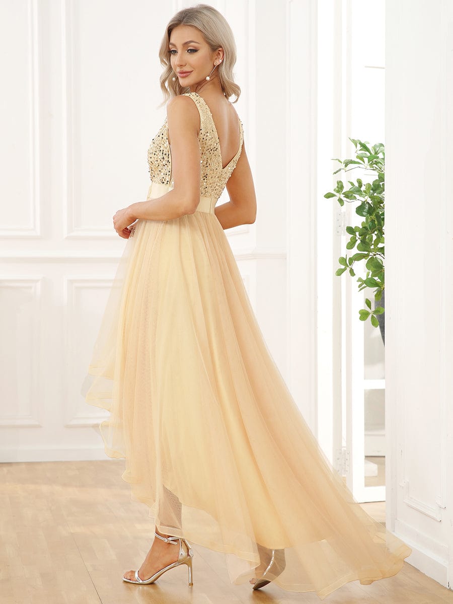 Sleeveless Sequin Ribbon Waist Tulle High Low Evening Dress #color_Gold