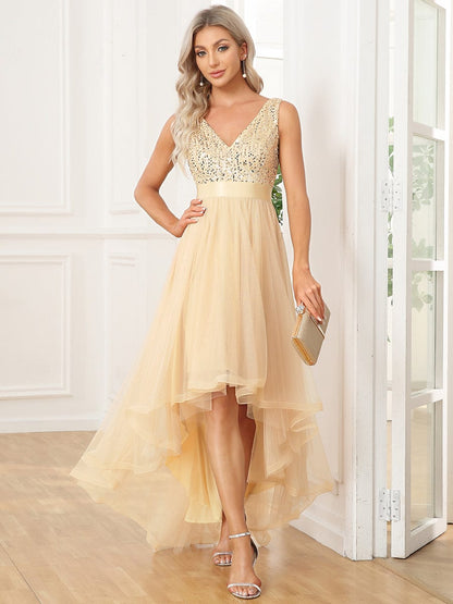 Sleeveless Sequin Ribbon Waist Tulle High Low Evening Dress #color_Gold