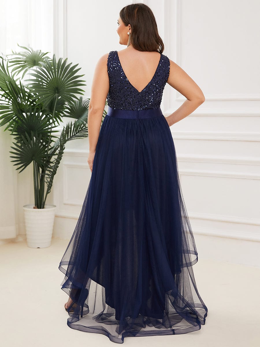 Sleeveless Sequin Ribbon Waist Tulle High Low Evening Dress #color_Navy Blue