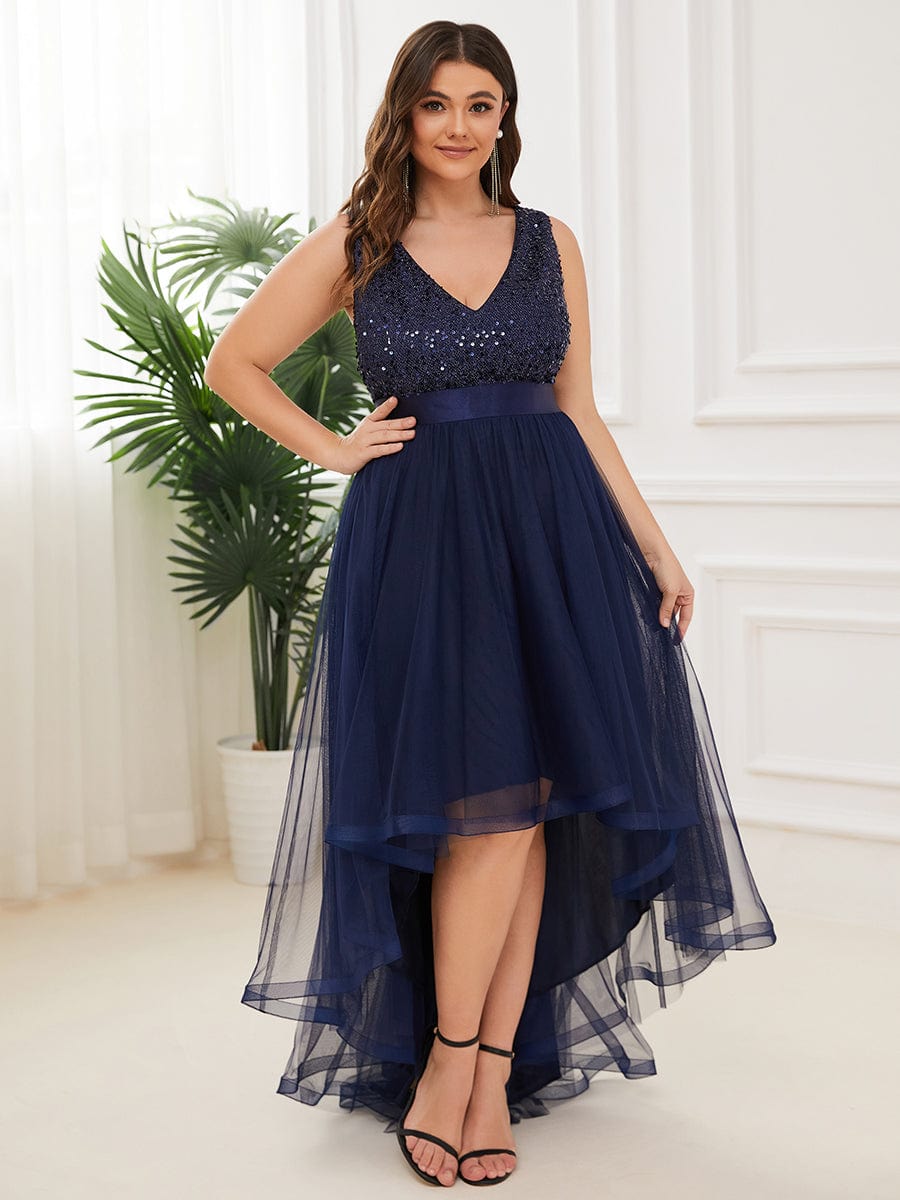 Plus Size Sleeveless Sequin Ribbon Waist Tulle High Low Evening Dress #color_Navy Blue