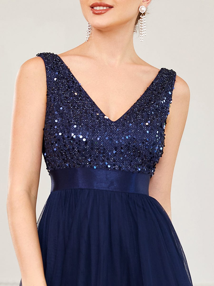 Sleeveless Sequin Ribbon Waist Tulle High Low Evening Dress #color_Navy Blue