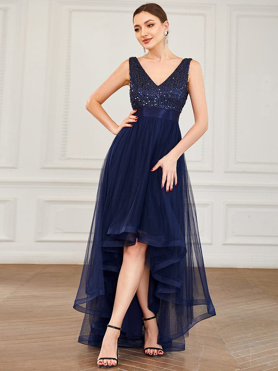 Sleeveless Sequin Ribbon Waist Tulle High Low Evening Dress #color_Navy Blue