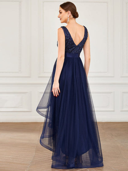 Sleeveless Sequin Ribbon Waist Tulle High Low Evening Dress #color_Navy Blue