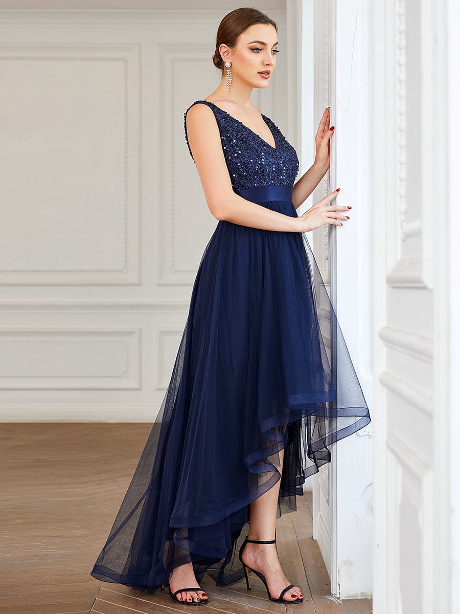 Sleeveless Sequin Ribbon Waist Tulle High Low Evening Dress #color_Navy Blue