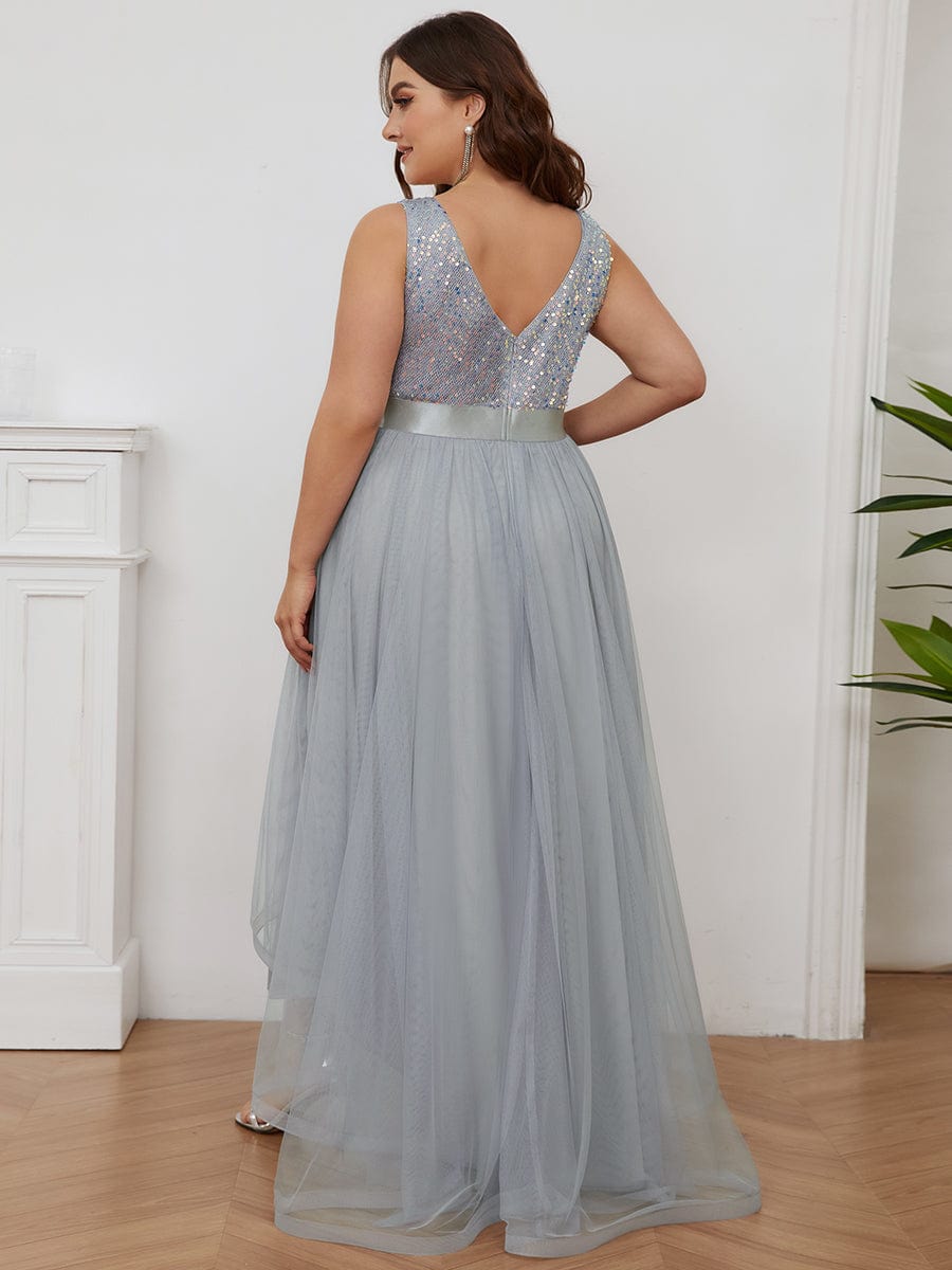 Plus Size Sleeveless Sequin Ribbon Waist Tulle High Low Evening Dress #color_Silver