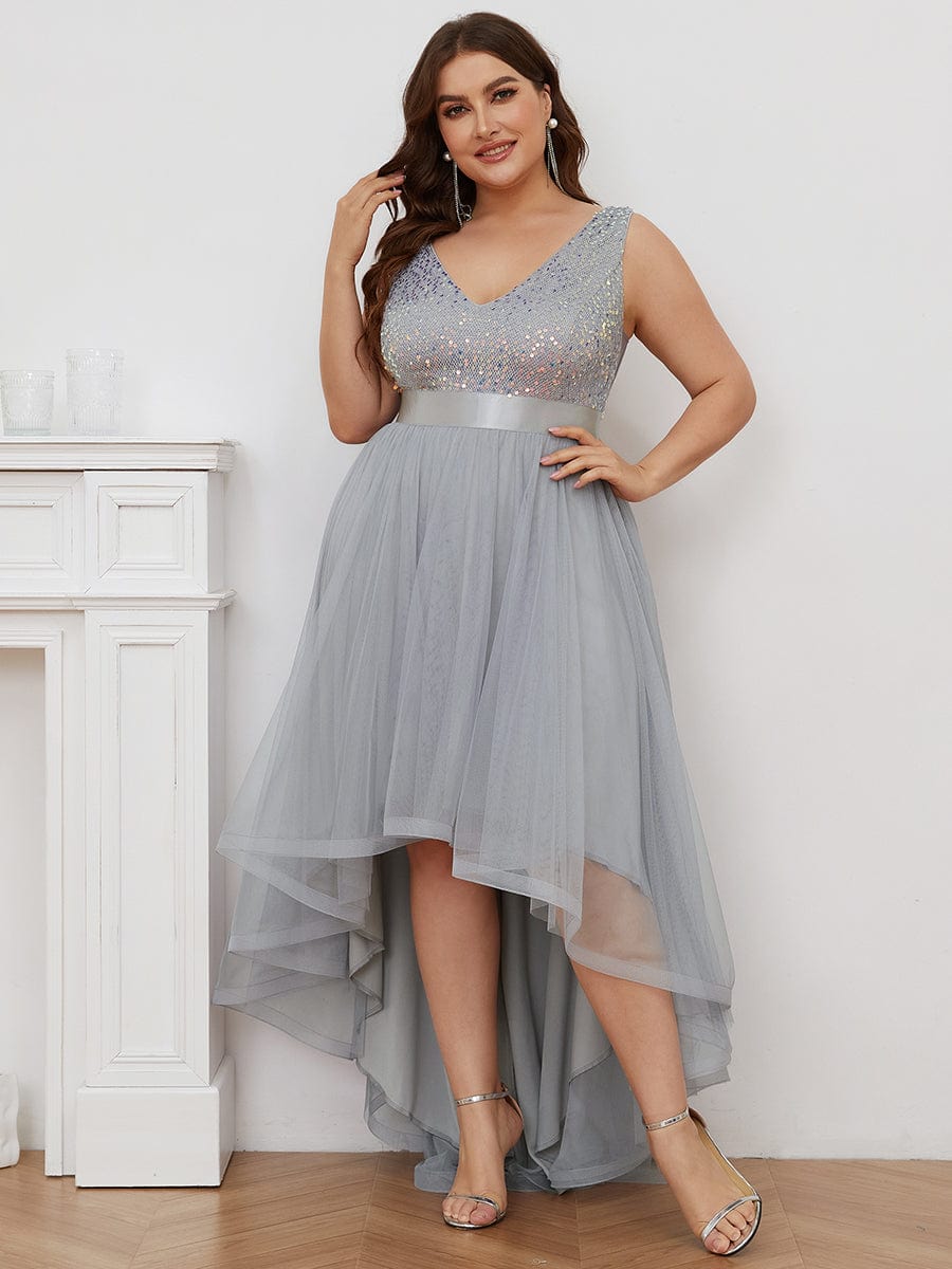 Plus Size Sleeveless Sequin Ribbon Waist Tulle High Low Evening Dress #color_Silver