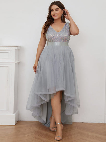 Plus Size Sleeveless Sequin Ribbon Waist Tulle High Low Evening Dress #color_Silver