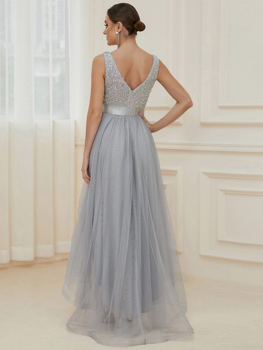 Sleeveless Sequin Ribbon Waist Tulle High Low Evening Dress #color_Silver