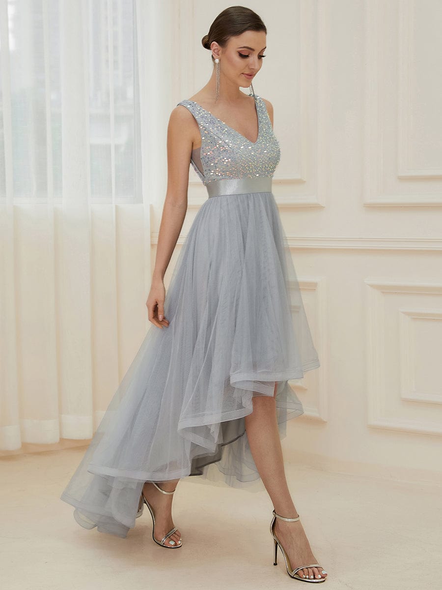 Sleeveless Sequin Ribbon Waist Tulle High Low Evening Dress #color_Silver