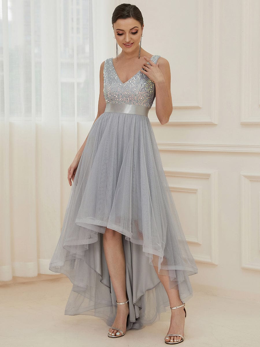 Sleeveless Sequin Ribbon Waist Tulle High Low Evening Dress #color_Silver