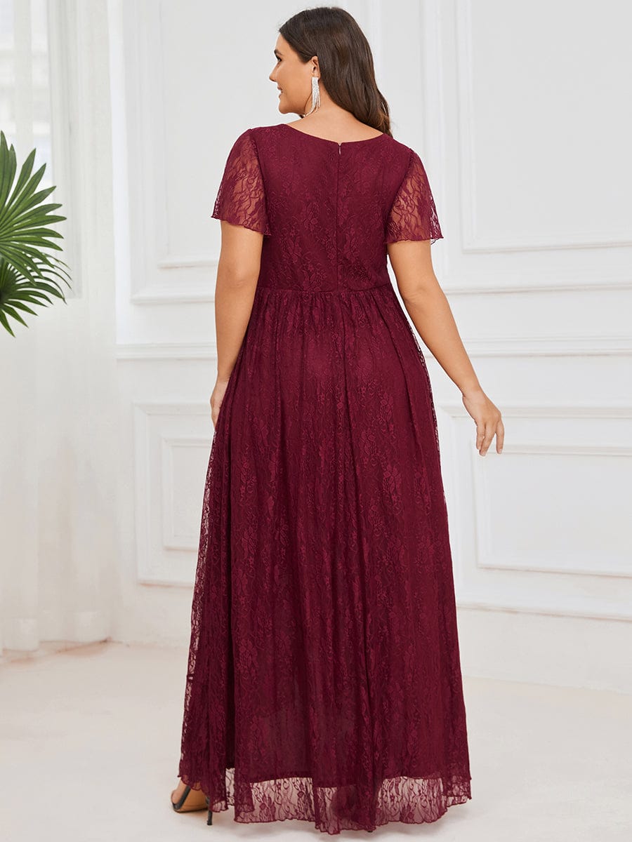 Pleated V-Neck Short Sleeve Ruffled Lace Evening Dress #color_Burgundy