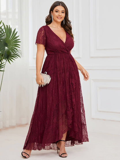 Plus Size Short Sleeve Ruffled V-Neck A-Line Lace Evening Dress #color_Burgundy