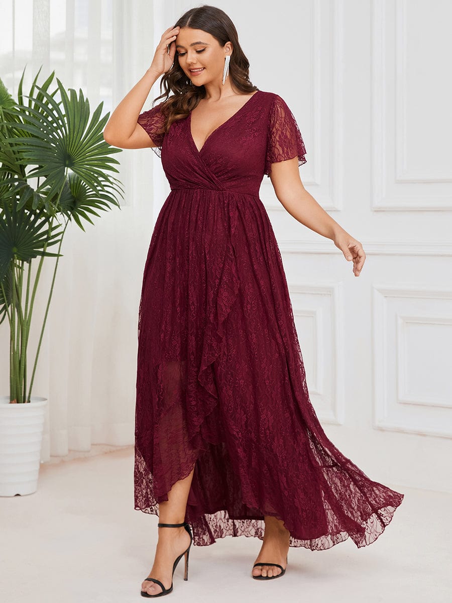 Custom Size Short Sleeve Ruffled V-Neck A-Line Lace Evening Dress #color_Burgundy