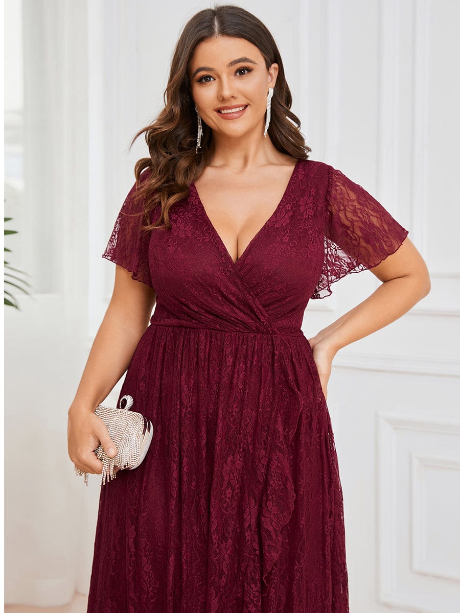 Plus Size Short Sleeve Ruffled V-Neck A-Line Lace Evening Dress #color_Burgundy