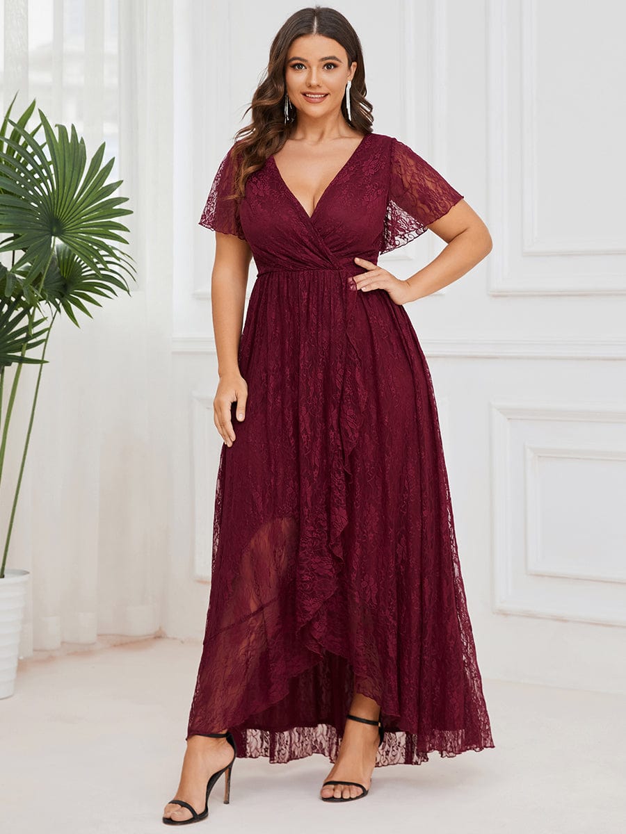 Custom Size Short Sleeve Ruffled V-Neck A-Line Lace Evening Dress #color_Burgundy