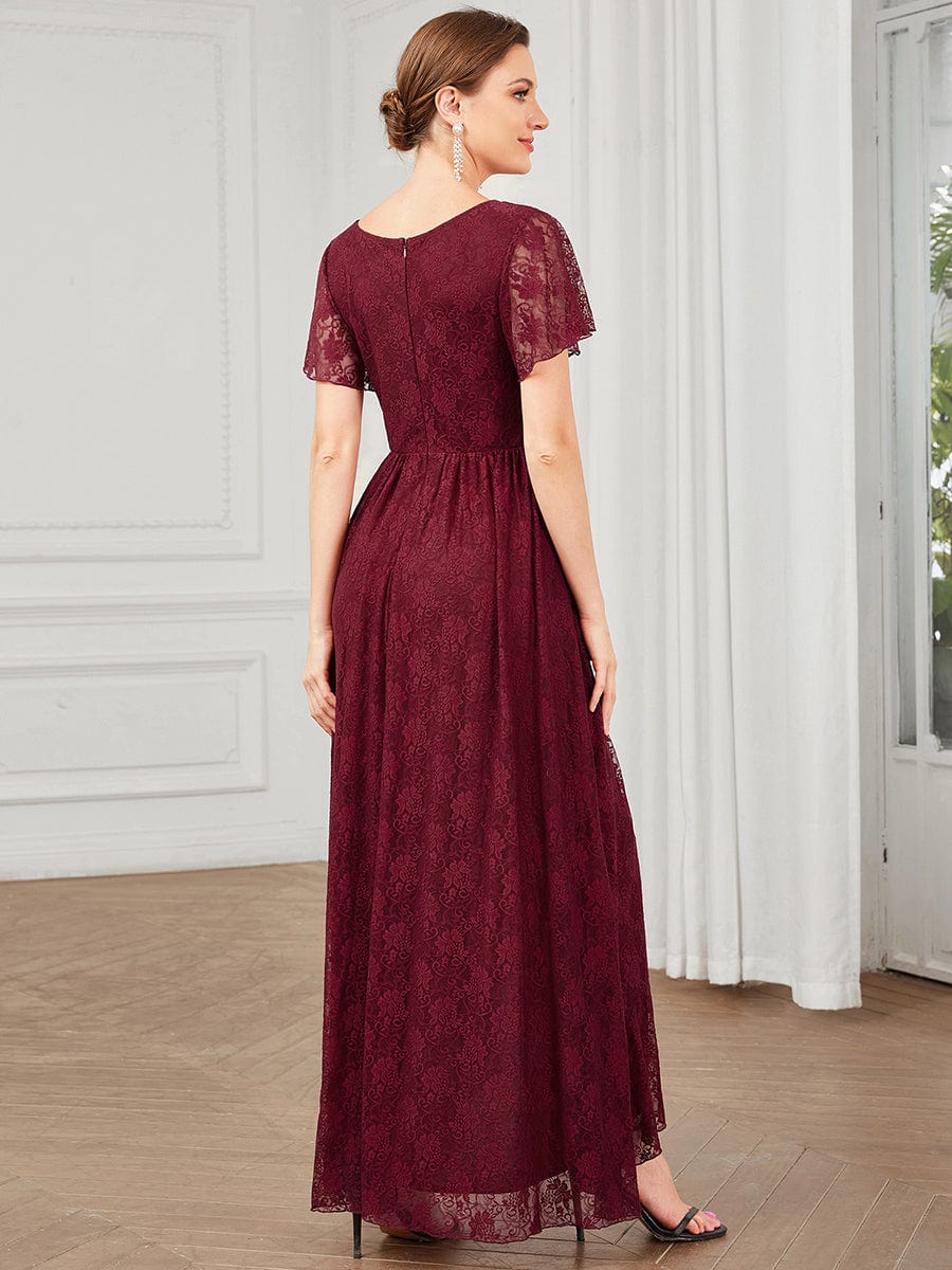 Pleated V-Neck Short Sleeve Ruffled Lace Evening Dress #color_Burgundy