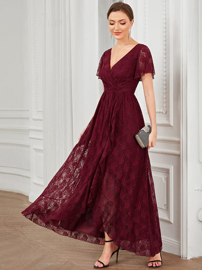 Pleated V-Neck Short Sleeve Ruffled Lace Evening Dress #color_Burgundy