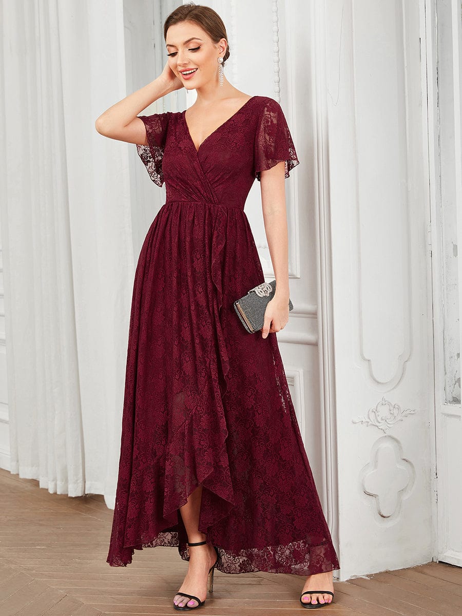 Pleated V-Neck Short Sleeve Ruffled Lace Evening Dress #color_Burgundy