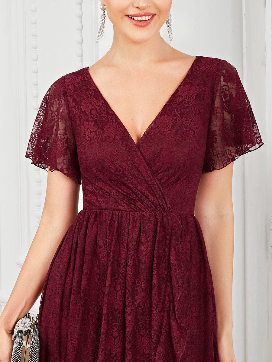 Pleated V-Neck Short Sleeve Ruffled Lace Evening Dress #color_Burgundy