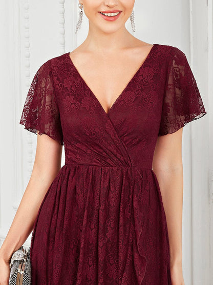 Pleated V-Neck Short Sleeve Ruffled Lace Evening Dress #color_Burgundy