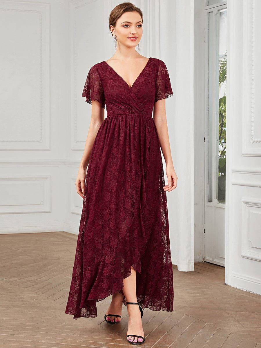 Pleated V-Neck Short Sleeve Ruffled Lace Evening Dress #color_Burgundy