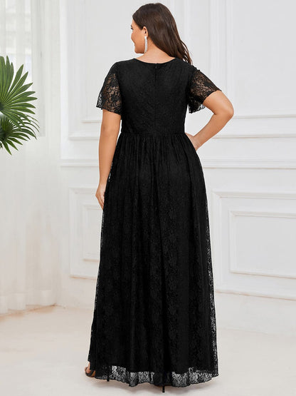 Pleated V-Neck Short Sleeve Ruffled Lace Evening Dress #color_Black