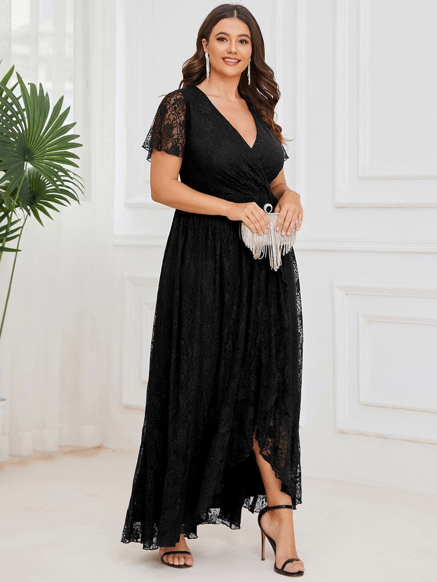 Plus Size Short Sleeve Ruffled V-Neck A-Line Lace Evening Dress #color_Black