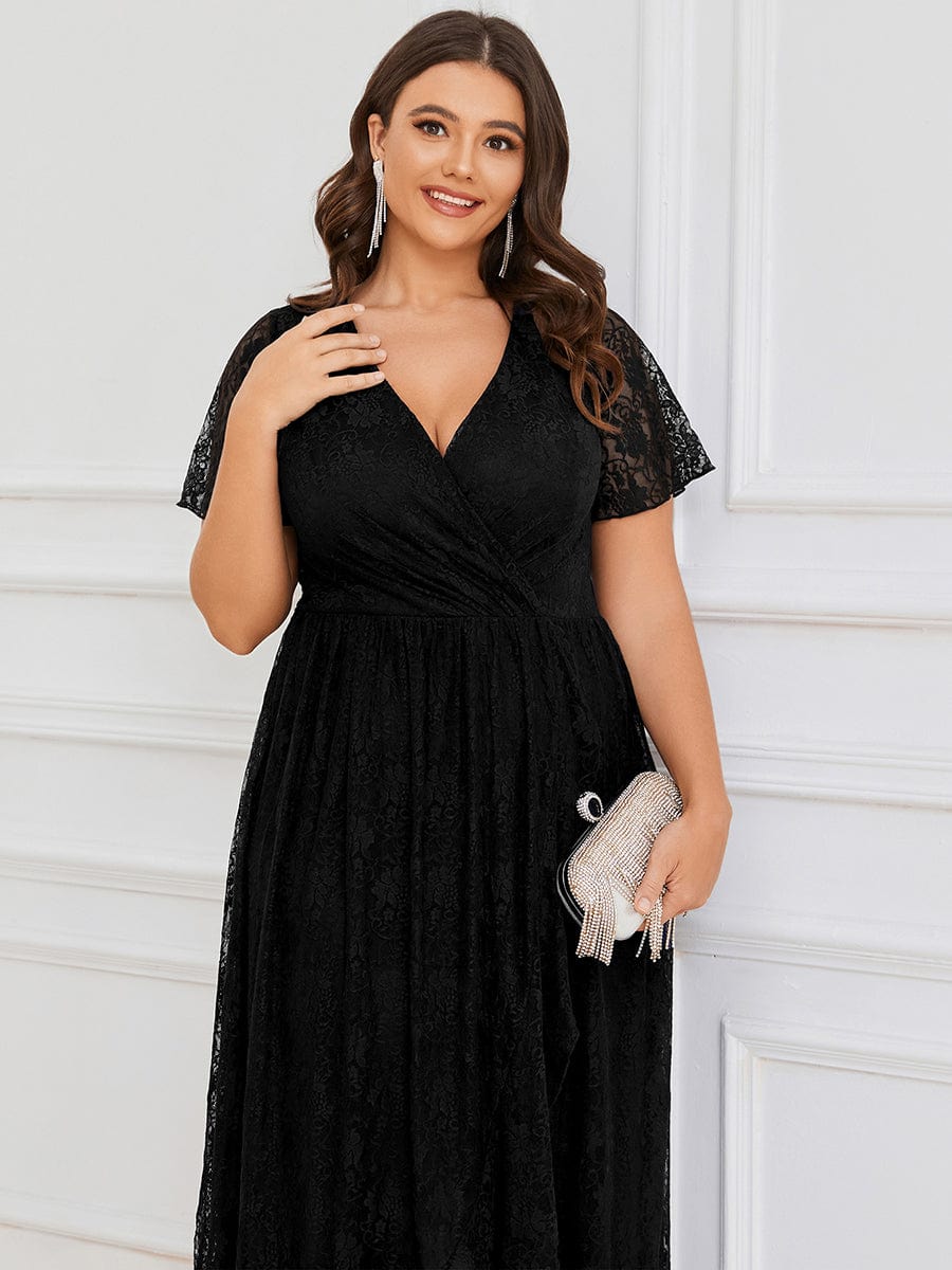 Pleated V-Neck Short Sleeve Ruffled Lace Evening Dress #color_Black