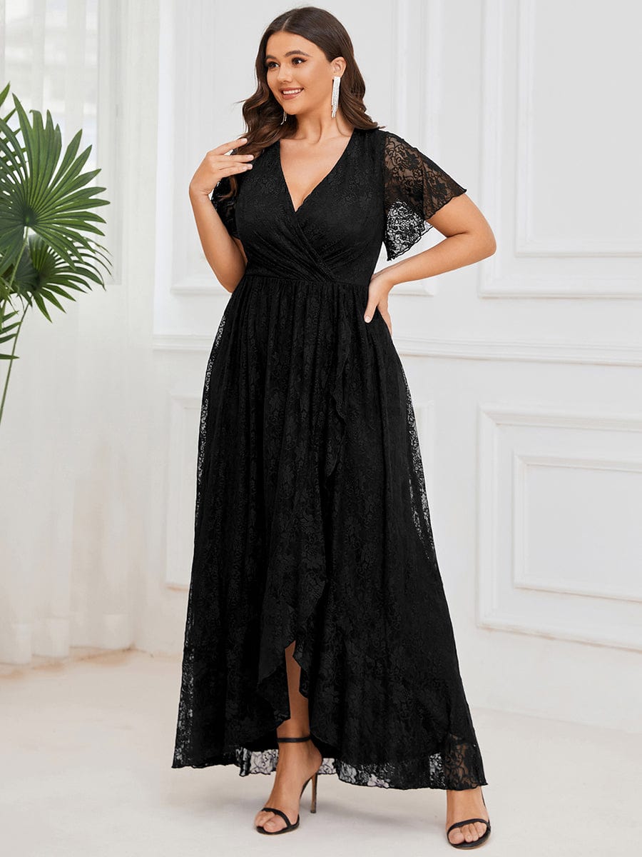 Custom Size Short Sleeve Ruffled V-Neck A-Line Lace Evening Dress #color_Black