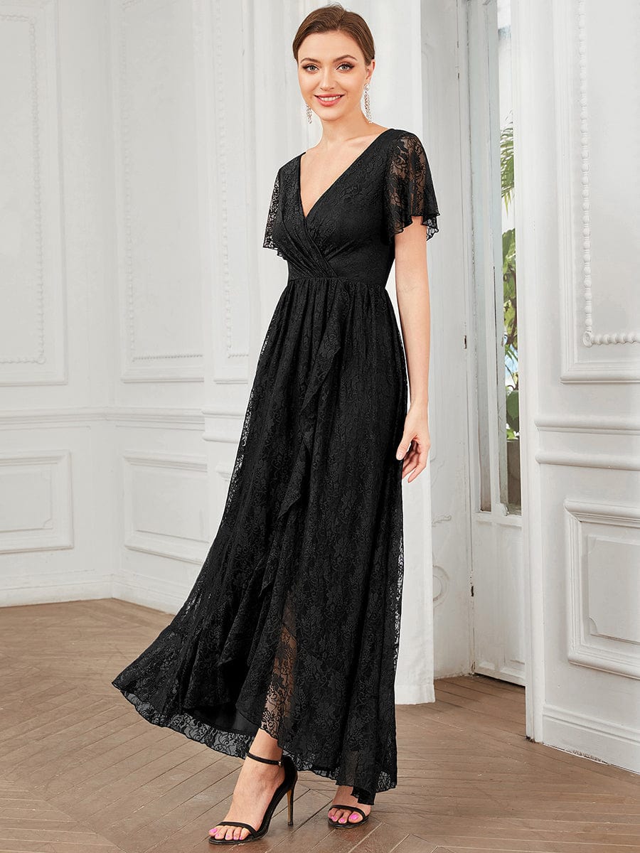 Pleated V-Neck Short Sleeve Ruffled Lace Evening Dress #color_Black