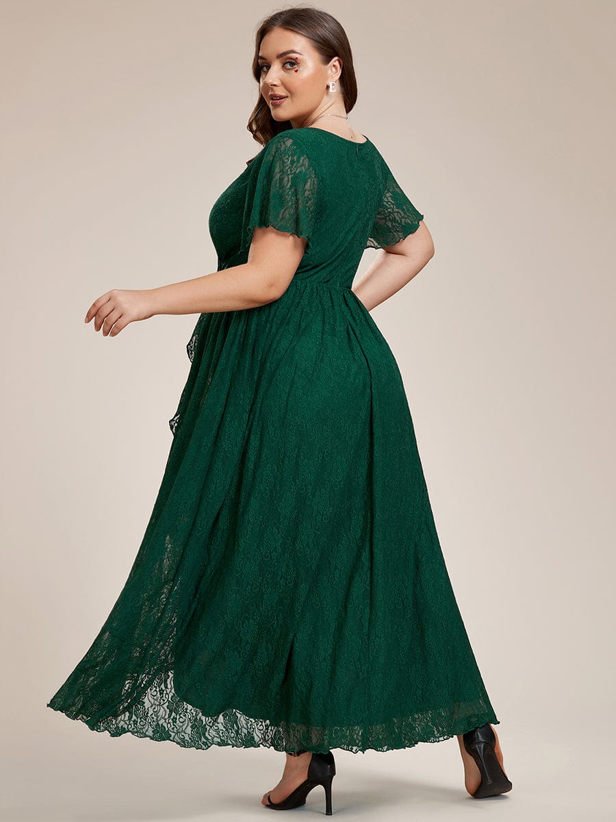 Pleated V-Neck Short Sleeve Ruffled Lace Evening Dress #color_Dark Green