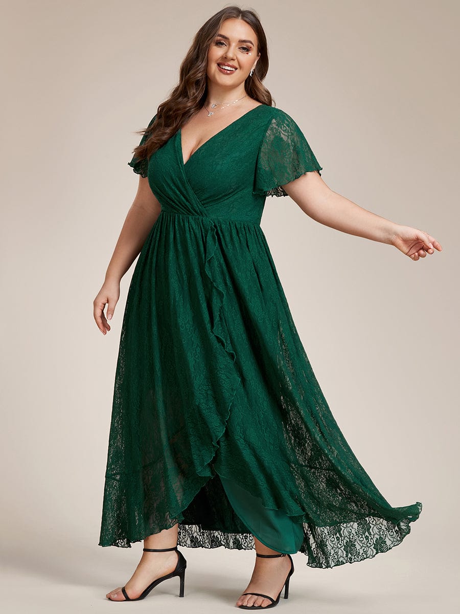 Custom Size Short Sleeve Ruffled V-Neck A-Line Lace Evening Dress #color_Dark Green