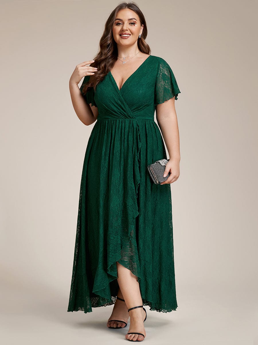 Pleated V-Neck Short Sleeve Ruffled Lace Evening Dress #color_Dark Green