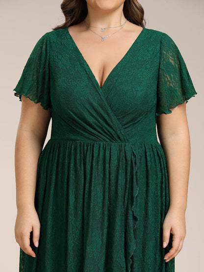 Plus Size Short Sleeve Ruffled V-Neck A-Line Lace Evening Dress #color_Dark Green